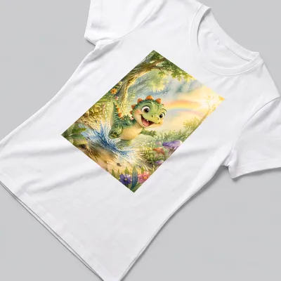 Whimsical illustration of a baby T-Rex splashing in a colorful rainbow forest. — printed on a women's shirt
