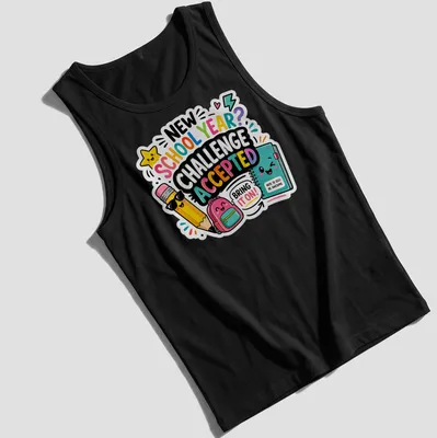 Cute colorful design featuring a pencil, backpack, and notebook with the text Challenge Accepted — printed on a tank top