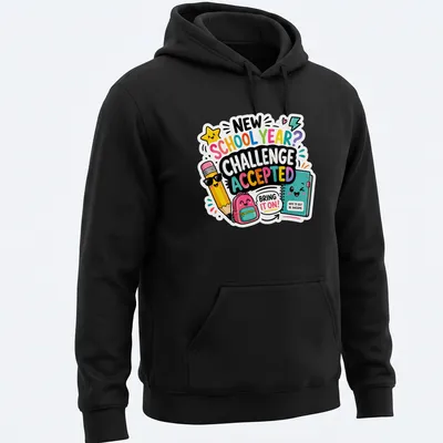 Cute colorful design featuring a pencil, backpack, and notebook with the text Challenge Accepted — printed on a unisex hoodie