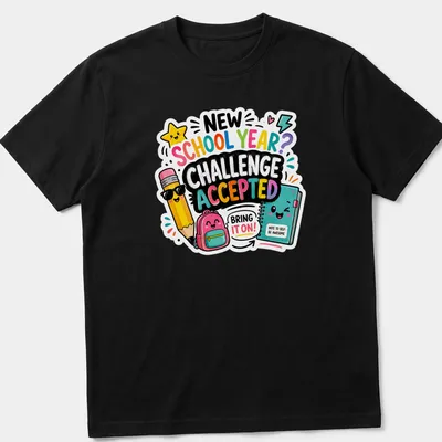 Cute colorful design featuring a pencil, backpack, and notebook with the text Challenge Accepted