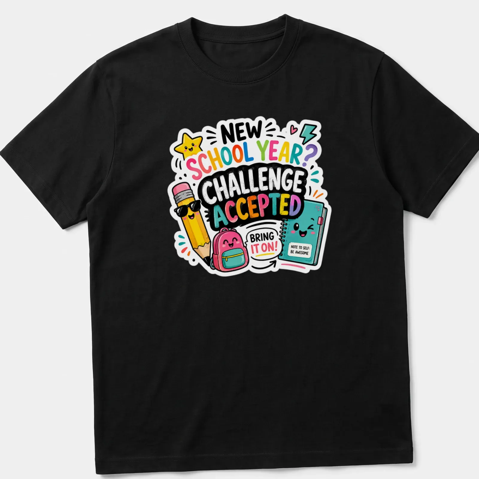 Cute colorful design featuring a pencil, backpack, and notebook with the text Challenge Accepted — printed on a unisex t-shirt
