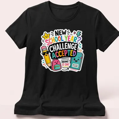 Cute colorful design featuring a pencil, backpack, and notebook with the text Challenge Accepted — printed on a women's shirt