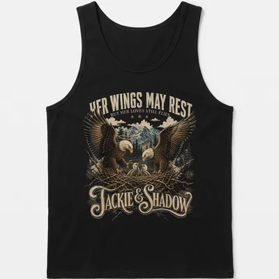 Vintage illustration of a Bald Eagle family tribute with sentimental text — printed on a tank top