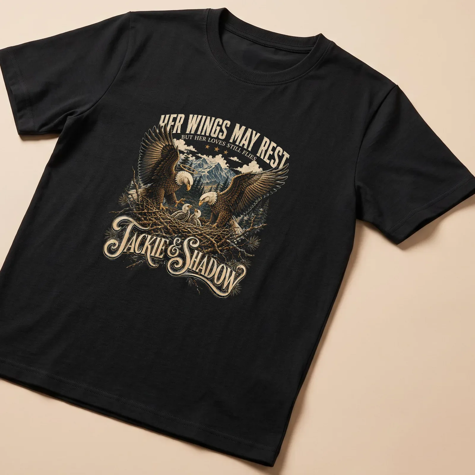 Vintage illustration of a Bald Eagle family tribute with sentimental text — printed on a unisex t-shirt