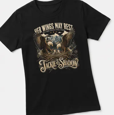 Vintage illustration of a Bald Eagle family tribute with sentimental text — printed on a women's shirt