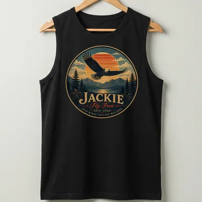 Vintage-style shirt featuring a bald eagle and memorial text in blue, orange, green, and brown. — printed on a tank top