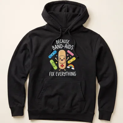 Kawaii style t-shirt with a happy band-aid and the text 'Because Band-Aids Fix Everything' — printed on a unisex hoodie