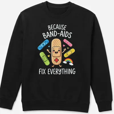 Kawaii style t-shirt with a happy band-aid and the text 'Because Band-Aids Fix Everything' — printed on a unisex sweatshirt