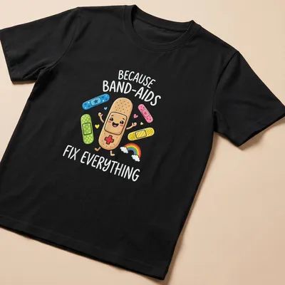 Kawaii style t-shirt with a happy band-aid and the text 'Because Band-Aids Fix Everything'