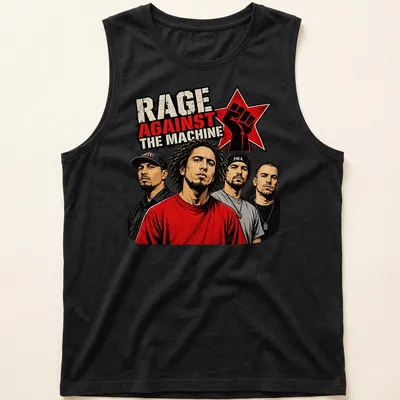 Bold graphic art of Rage Against The Machine band members in red, black, beige, and gray — printed on a tank top