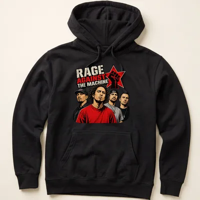 Bold graphic art of Rage Against The Machine band members in red, black, beige, and gray — printed on a unisex hoodie