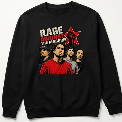 Bold graphic art of Rage Against The Machine band members in red, black, beige, and gray — printed on a unisex sweatshirt