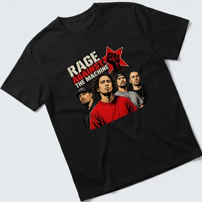 Bold graphic art of Rage Against The Machine band members in red, black, beige, and gray