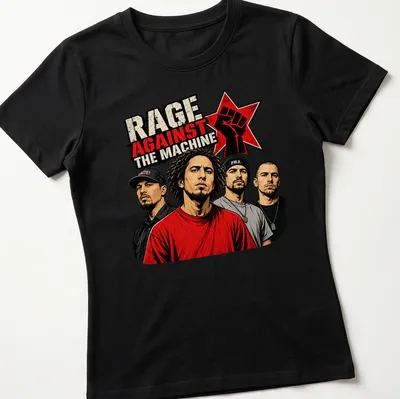 Bold graphic art of Rage Against The Machine band members in red, black, beige, and gray — printed on a women's shirt