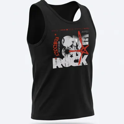 Monochromatic geometric print of a band photo with bold lettering — printed on a tank top