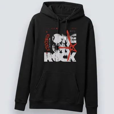 Monochromatic geometric print of a band photo with bold lettering — printed on a unisex hoodie