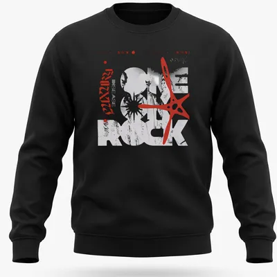 Monochromatic geometric print of a band photo with bold lettering — printed on a unisex sweatshirt