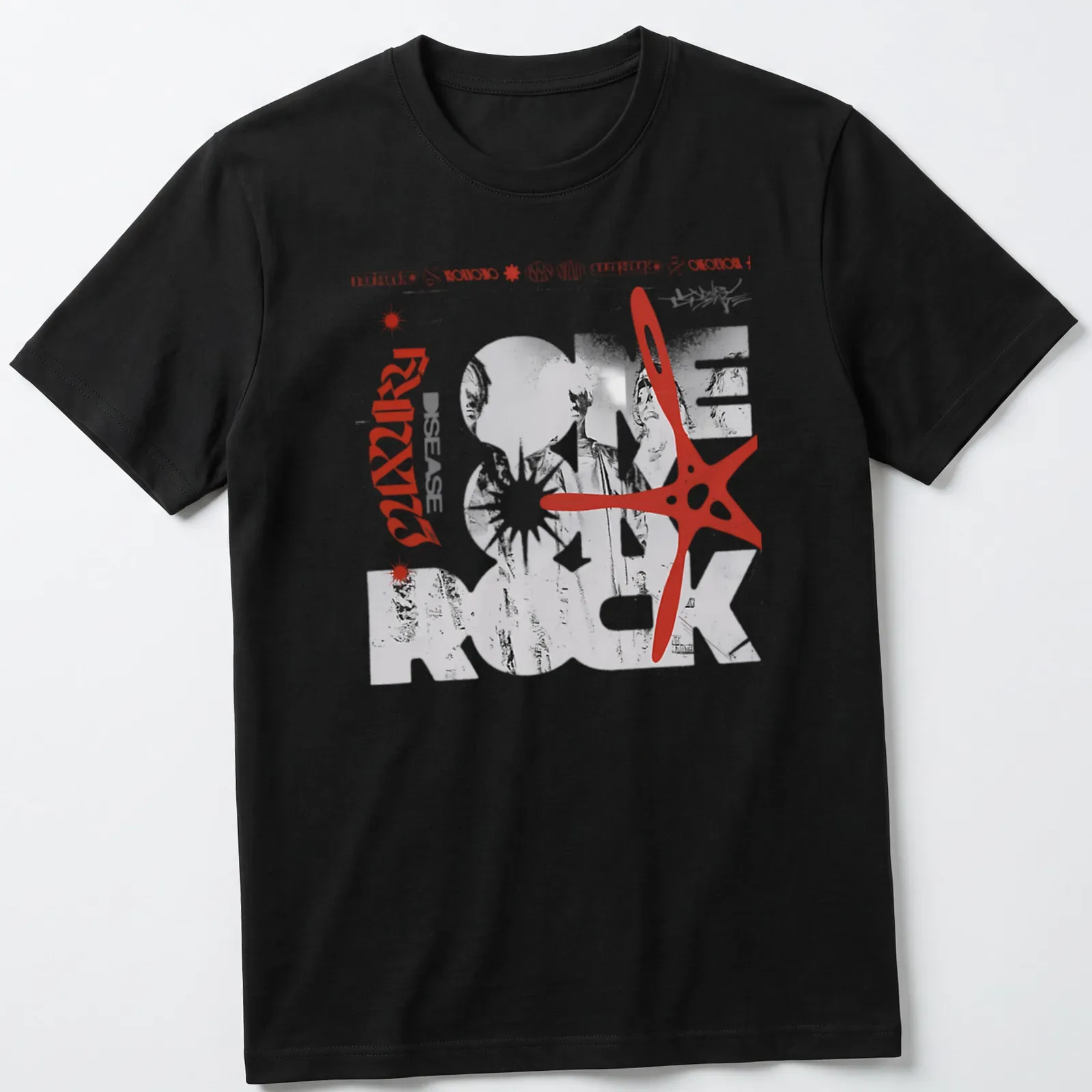 Monochromatic geometric print of a band photo with bold lettering — printed on a unisex t-shirt