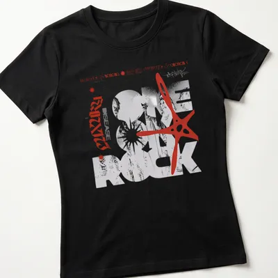 Monochromatic geometric print of a band photo with bold lettering — printed on a women's shirt