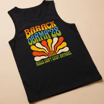 Psychedelic print featuring Barack Obama with colorful retro text. — printed on a tank top