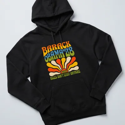 Psychedelic print featuring Barack Obama with colorful retro text. — printed on a unisex hoodie