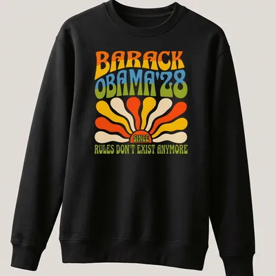 Psychedelic print featuring Barack Obama with colorful retro text. — printed on a unisex sweatshirt