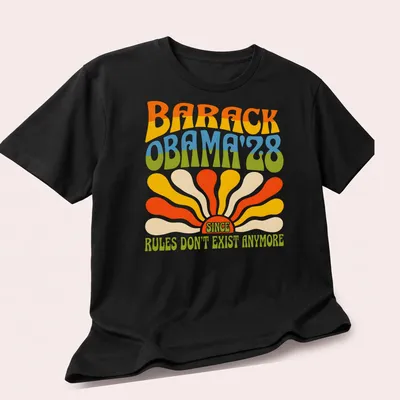 Psychedelic print featuring Barack Obama with colorful retro text. — printed on a unisex t-shirt (angled view)