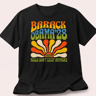 Psychedelic print featuring Barack Obama with colorful retro text.