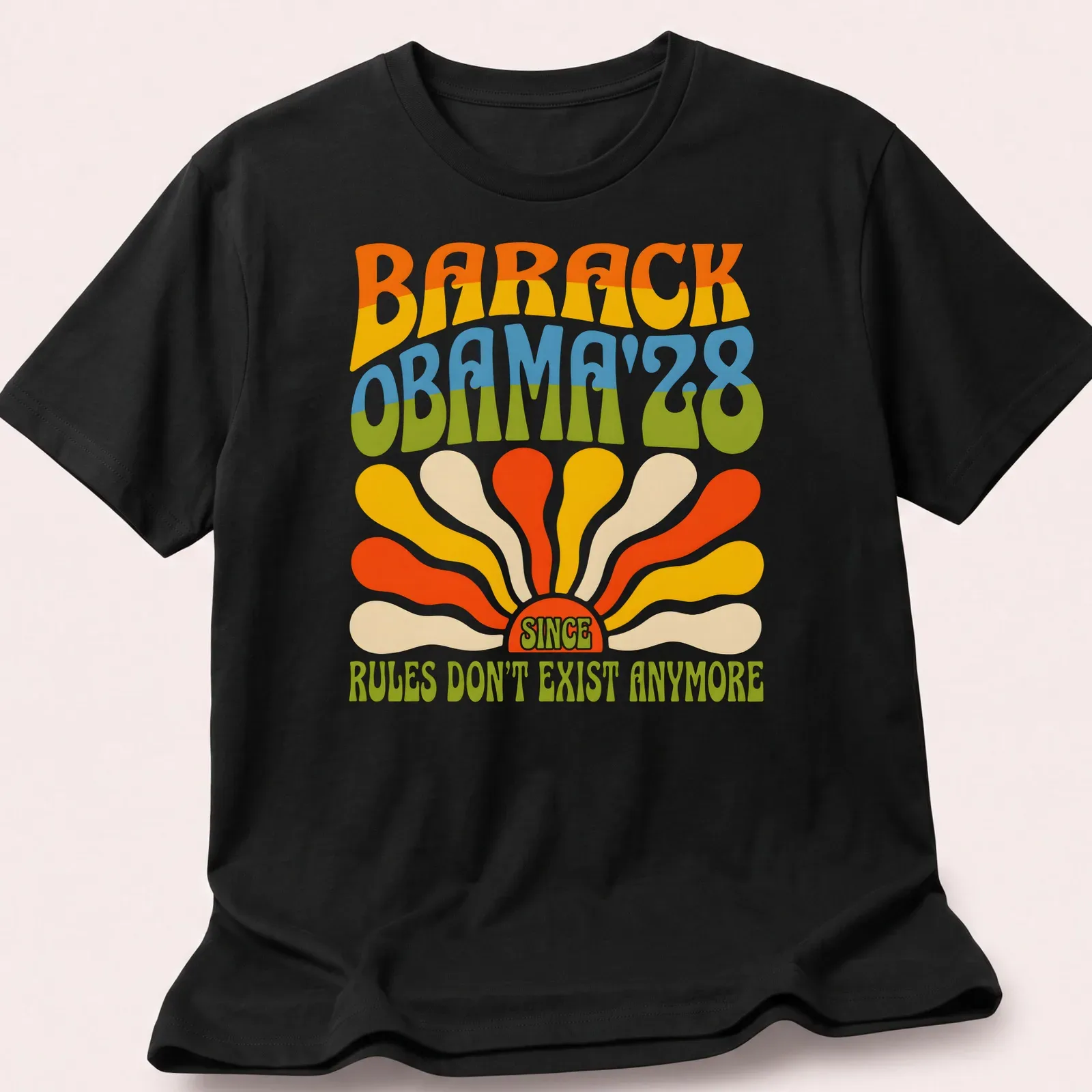 Psychedelic print featuring Barack Obama with colorful retro text. — printed on a unisex t-shirt