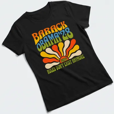 Psychedelic print featuring Barack Obama with colorful retro text. — printed on a women's shirt