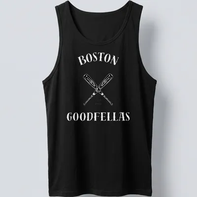 Bold graphic t-shirt featuring baseball bats and the text 'BOSTON GOODFELLAS' — printed on a tank top
