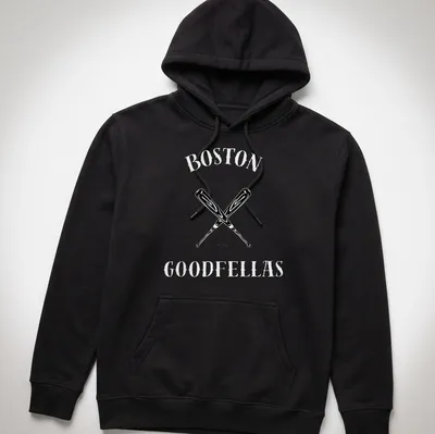 Bold graphic t-shirt featuring baseball bats and the text 'BOSTON GOODFELLAS' — printed on a unisex hoodie