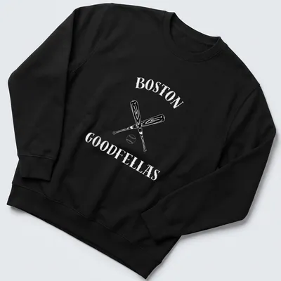 Bold graphic t-shirt featuring baseball bats and the text 'BOSTON GOODFELLAS' — printed on a unisex sweatshirt