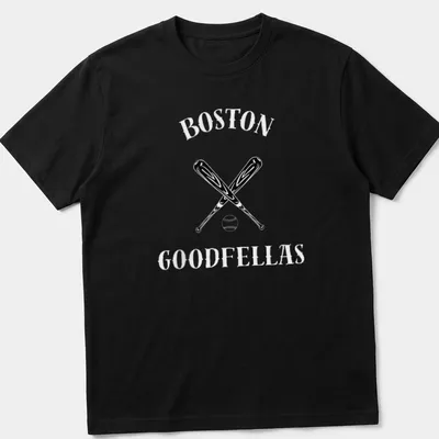 Bold graphic t-shirt featuring baseball bats and the text 'BOSTON GOODFELLAS'