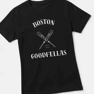 Bold graphic t-shirt featuring baseball bats and the text 'BOSTON GOODFELLAS' — printed on a women's shirt