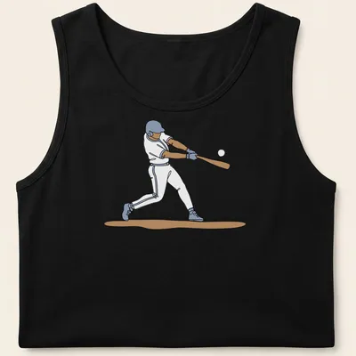 One line drawing of a baseball player in blue, white, and brown tones — printed on a tank top