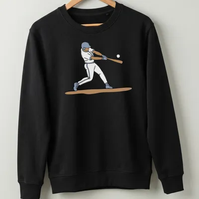 One line drawing of a baseball player in blue, white, and brown tones — printed on a unisex sweatshirt