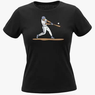 One line drawing of a baseball player in blue, white, and brown tones — printed on a women's shirt