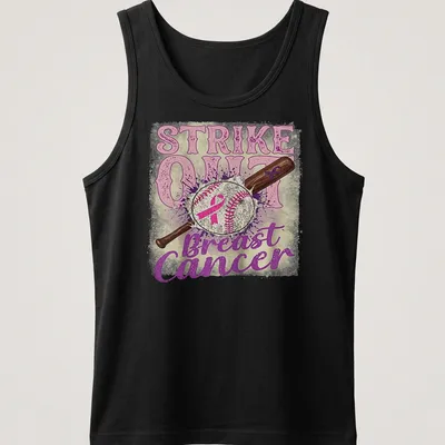 Vintage distressed shirt with baseball bat and ball around the text Strike Out Breast Cancer — printed on a tank top