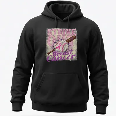 Vintage distressed shirt with baseball bat and ball around the text Strike Out Breast Cancer — printed on a unisex hoodie