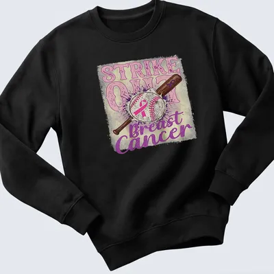Vintage distressed shirt with baseball bat and ball around the text Strike Out Breast Cancer — printed on a unisex sweatshirt