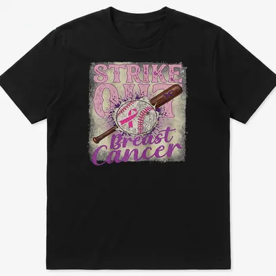 Vintage distressed shirt with baseball bat and ball around the text Strike Out Breast Cancer