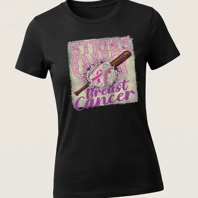 Vintage distressed shirt with baseball bat and ball around the text Strike Out Breast Cancer — printed on a women's shirt