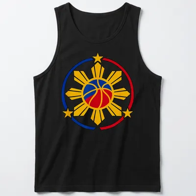 Illustration of a basketball with Filipino sun in yellow, blue, and red — printed on a tank top