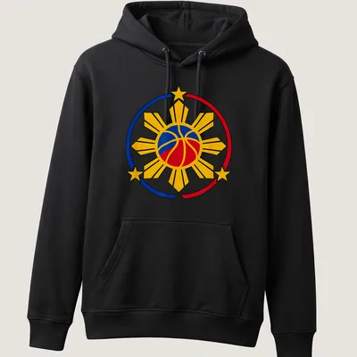 Illustration of a basketball with Filipino sun in yellow, blue, and red — printed on a unisex hoodie
