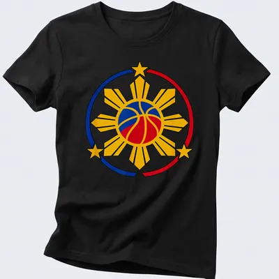 Illustration of a basketball with Filipino sun in yellow, blue, and red — printed on a women's shirt