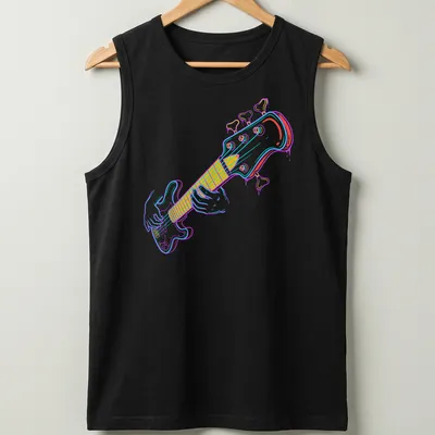 Colorful line-art of a bass guitar player in pink, blue, yellow, and white — printed on a tank top