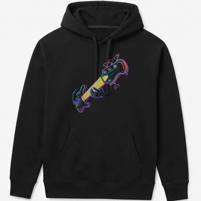 Colorful line-art of a bass guitar player in pink, blue, yellow, and white — printed on a unisex hoodie