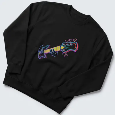 Colorful line-art of a bass guitar player in pink, blue, yellow, and white — printed on a unisex sweatshirt