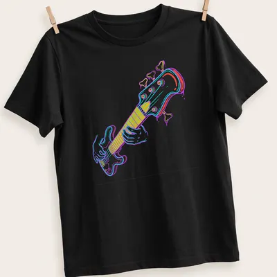 Colorful line-art of a bass guitar player in pink, blue, yellow, and white